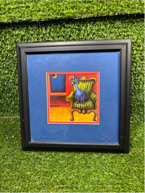 Will Rafuse Framed Cat Painting Art One Size Blue Yellow #1040